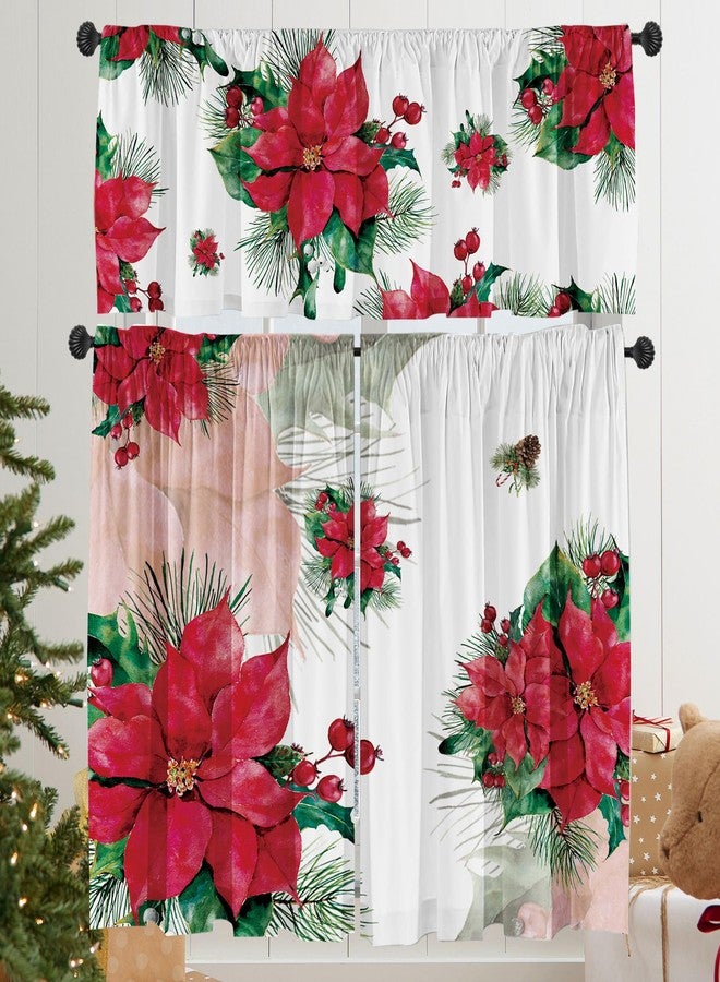 Deztibos Christmas Poinsettia Curtain Valances Set - Upper & Lower Curtains, 52'' L x 18'' W & 36'' L x 26'' W, Kitchen Windows Decor, 3 Piece Set, Red - Image 1